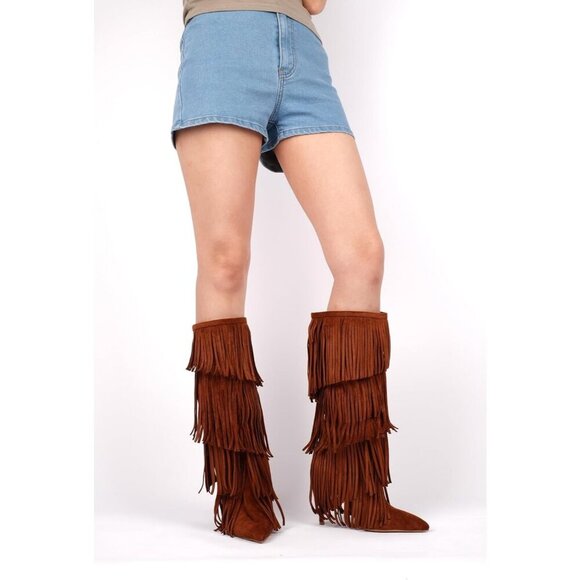 Women's Fringed Knee High Boots Pointy Toe Stilettos Faux Suede High Heels Boot - Picture 4 of 7